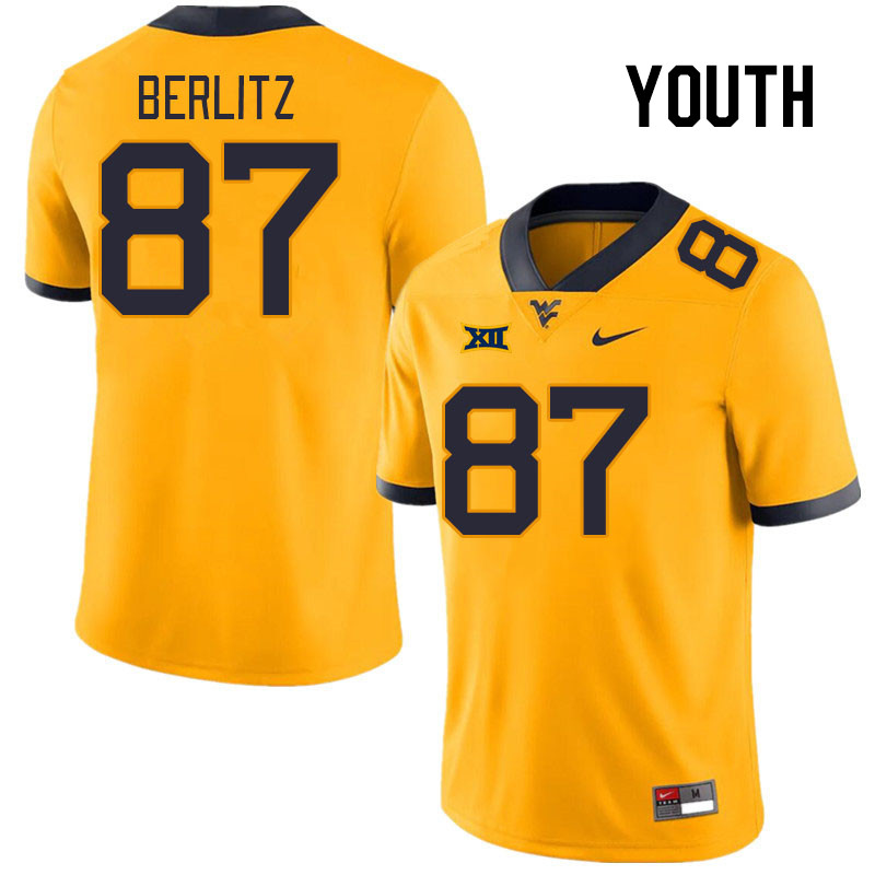 Youth #87 Derek Berlitz West Virginia Mountaineers College Football Jerseys Stitched Sale-Gold